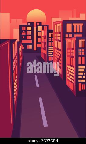 Flat illustration of cityscape with corporate buildings. Modern and futuristic landscape with glowing neon skyscrapers and constructions under sun. Su Stock Vector