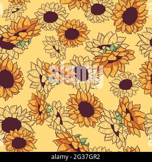 Yellow seamless pattern with sunflower drawings and sketches. Repetitive background with summer floral and botanical elements. Wallpaper with wildflow Stock Vector