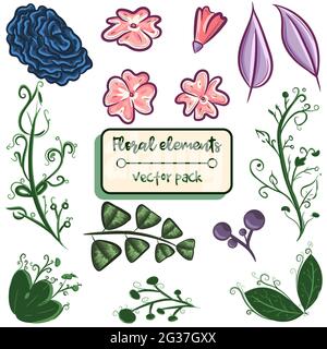 Element pack with floral objects. Vector set with isolated flowers, leaves and branches. Pink and green herbs and plants for spring and summer events. Stock Vector