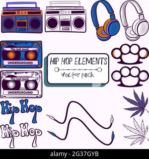 Pack with hiphop, techno, dance elements. Collection with cassette, radio, headphones, brass knuckles, marijuana, cable and hip hop text. Vintage and Stock Vector