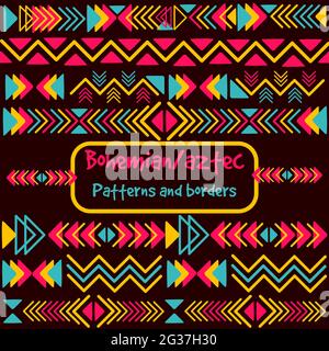 Geometric pack collection with aztec and bohemian motifs. Repetitive background inspired by friendship bracelets. Abstract boho borders with triangles Stock Vector