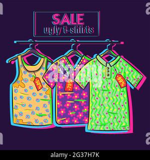 Conceptual art about clearance and summer sale with big discounts and offers. Drawing og ugly shirts with floral neon prints on discount. Stock Vector