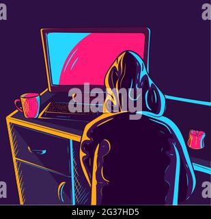 Neon vector art of a man wearing a hoodie and looking at a PC screen. Gamer or worker seen from behind being bored at home and browsing the internet. Stock Vector