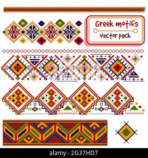 Vector pack with traditional motifs from Greece and Crete island. South european seamless patterns and title borders. Mediterranean and scandinavian c Stock Vector