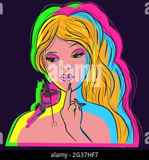 Young blonde woman under neon lights having a demon on her shoulder. Vector conceptual art of a young girl with pink makeup saying 'not today, satan'. Stock Vector