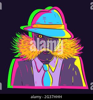 Vector of a neon gentleman mobster from the mafia with mutton cops beard and mustache. Hairy man in a suit wearing a fedora hat and a glowing tie. Stock Vector