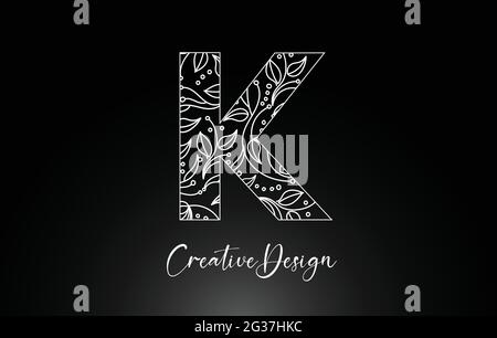 Elegant Letter K Logo made of Flowers with Leafs and Floral Pattern Texture in Monoline Creative Vector Illustration Design Logo Stock Vector