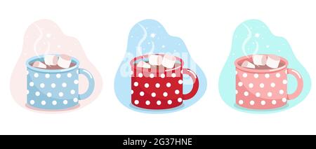 Mug with cocoa and marshmallows, blue,red and pink mug in white polka dots, vector flat illustration, isolated, cartoon Stock Vector