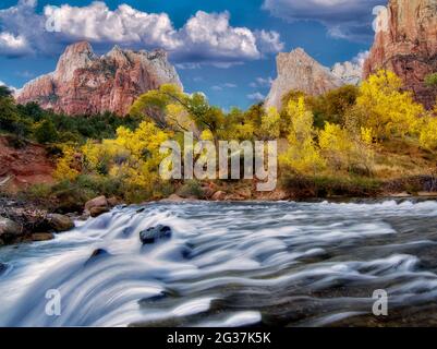 Court of the Patriarchs and Virgin River waterfall and fsll color. Zion National Park, Utah Stock Photo