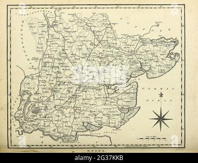 Essex is a county in the East of England, north-east of London. One of the home counties, it borders Suffolk and Cambridgeshire to the north, Hertfordshire to the west, Kent across the estuary of the River Thames to the south and London to the south-west. The county town is Chelmsford, the only city in the county.  Copperplate engraving From the Encyclopaedia Londinensis or, Universal dictionary of arts, sciences, and literature; Volume VII;  Edited by Wilkes, John. Published in London in 1810 Stock Photo