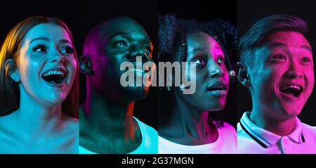 Young men and women joy isolated over dark neon background, Concept of beauty, ad, fashion Stock Photo