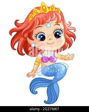Cute little sitting princess mermaid with blue tail and crown. Cartoon character. Vector isolated illustration on white background. For t-shirt, print Stock Vector