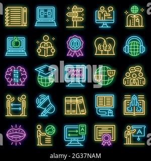 Foreign language teacher icons set. Outline set of foreign language teacher vector icons neon color on black Stock Vector