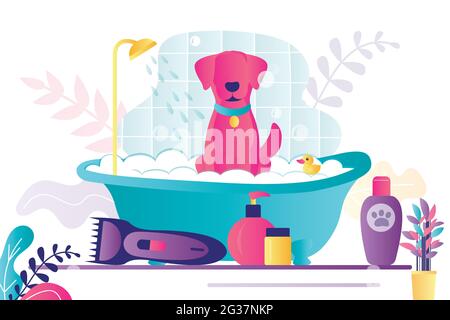 Cartoon dog sitting in bathtub. Domestics pet bathes with rubber duck. Different tools for grooming dogs. Concept of animal care and puppy hygiene. Ba Stock Vector