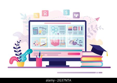 Online education, e-learning concept. Monitor with learning website. Various courses on web page. Education icons, books and graduate hat. Modern work Stock Vector