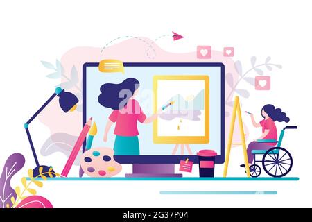 Disabled woman sits in wheelchair and draws. Art teacher on computer screen. Female character with disability learning to draw online. Equal opportuni Stock Vector