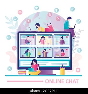 Business people communicate on video conference. Group of students talking on video call. Different men and women on computer screen. Concept of new t Stock Vector
