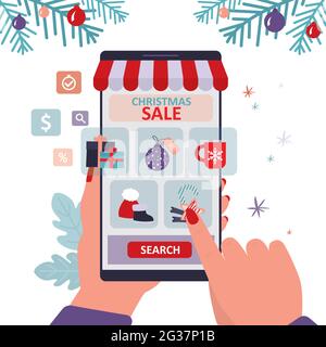 Hand holds smartphone with christmas accessories store on screen. Various new year paraphernalia presented in online shop. Concept of e-commerce and b Stock Vector