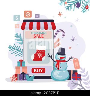 Christmas sale in online store. Concept of e commerce and seasonal discount. Christmas gift socks on mobile phone screen. Online new year shopping. Ba Stock Vector
