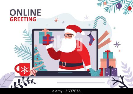 Online congratulations to Santa Claus. Father Christmas with gifts on laptop screen. Internet meeting, technology of remote talking. Grandfather in re Stock Vector