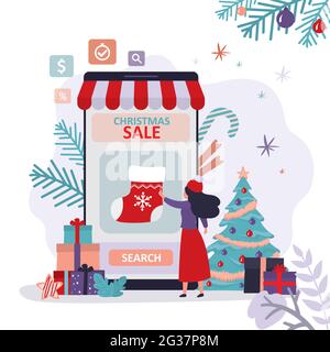 Cute woman chooses new year paraphernalia in online store. Christmas gift sock on smartphone screen. Female character shopping in eshop. Concept of e- Stock Vector