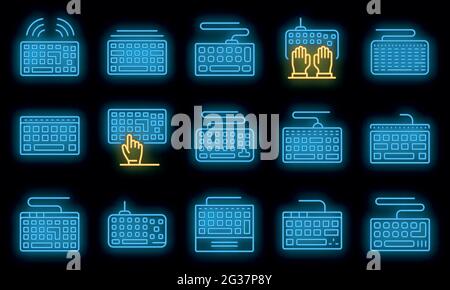 Keyboard icons set. Outline set of keyboard vector icons neon color on black Stock Vector