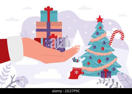 Santa Claus hand gives gifts. Traditional xmas tree, christmas celebration. New year, winter holidays, horizontal banner. Boxing day. Greeting card te Stock Vector