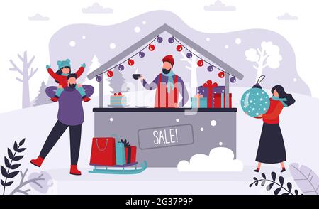 Family walking and having fun at christmas market. Merchant sells hot drinks at winter fair. People buy gifts for loved ones at holiday fair. Сoncept Stock Vector