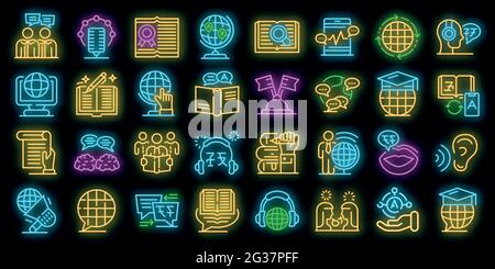 Translator icons set. Outline set of translator vector icons neon color on black Stock Vector
