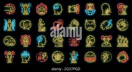 Rage icons set. Outline set of rage vector icons neon color on black Stock Vector