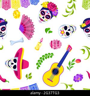 Day of the Dead seamless pattern. Dia de los muertos. Mexican celebration. Stock Vector