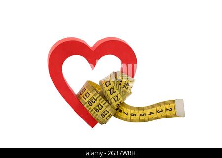 Red heart with yellow tailor measuring tape isolated on white background with clipping path Stock Photo