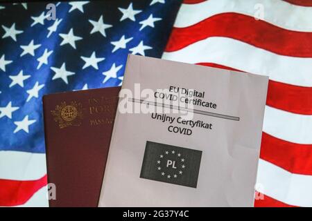 In this photo illustration the EU Digital COVID certificate is pictured with the United States of America flag in the background. Stock Photo
