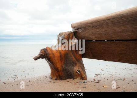 A weathered beach groyne on Spittal Beach in Northumberland, UK. Stock Photo