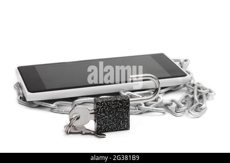 smartphone on chain and unlocked padlock, isolated on white background Stock Photo