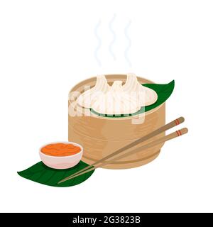 Steamed momo dumplings with red chile sauce in a wooden basket. Vector tibetan momos cuisine. Indian, Chinese, Bhutan, Nepal traditional food. Veg mom Stock Vector