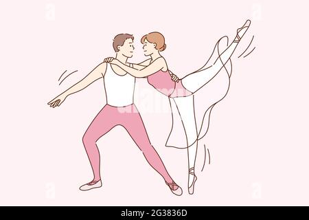 Classic ballet dancers and art concept. Young smiling couple cartoon characters in traditional classical wear for dancing standing in position dancing ballet performing vector illustration  Stock Vector