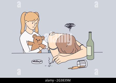 Alcohol drug addiction and help concept. Little sad cute girl standing near her mother and touching her shoulder wanting to help her feeling unhappy vector illustration  Stock Vector