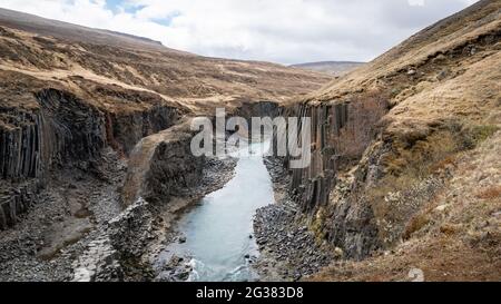 Studlagil basalt canyon, Iceland. This is a rare volcanic basalt column formation Stock Photo