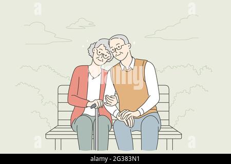 Happy senior people lifestyle concept. Smiling aged mature couple relaxing in park, sitting on bench, holding hands enjoying leisure time outdoors vector illustration  Stock Vector
