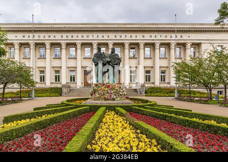 National Library of Bulgaria in Sofia named after the Saints Cyril and Methodius, who were the creators of the Glagolitic Script. The Cyrillic Script is named after Cyril Stock Photo