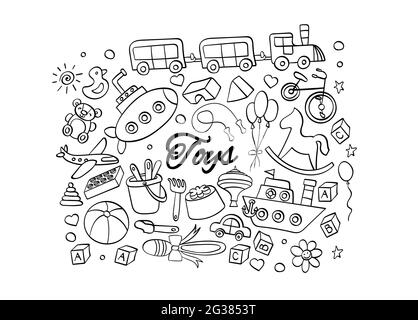 Toys for children. Hand drawn doodles. Cute outline icons on white background. Vector illustration. Stock Vector