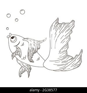 Hand drawn Goldfish for Coloring Book. Vector cartoon ink sketch for logo, emblem, coloring, stickers, print Stock Vector
