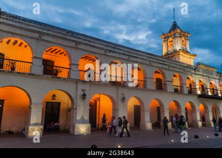 SALTA, ARGENTINA - APRIL 8, 2015: Building of the former town council (cabildo) on Plaza 9 de Julio square in Salta, Argentina. Stock Photo