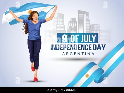 Front view. Girl with Argentinian flag runs in light background. Argentina independence day 9th July. Happy independence day. vector illustration desi Stock Vector