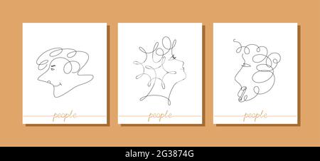 Modern abstract faces. Elegant portraits in profile. Contemporary surreal graphics. One line of continuous vector art. Stock Vector