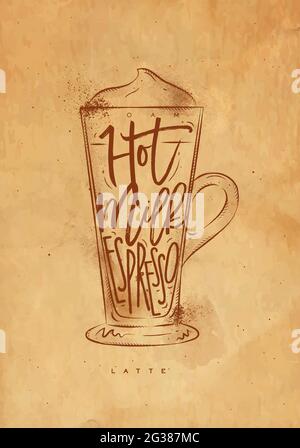 A cup of coffee latte in vintage style. Hand drawn engraved retro ...