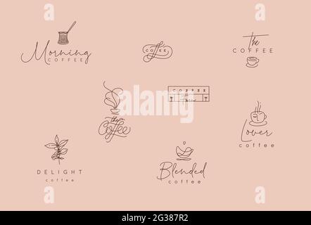 Set of minimalism modern coffee elements drawing in flat line style on beige background Stock Vector