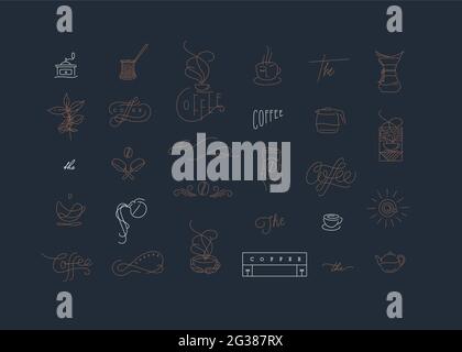 Set of minimalism modern coffee elements for your design drawing in flat line style on blue background Stock Vector