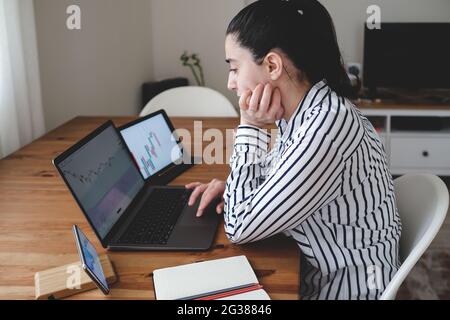 A woman who puts her hand under her head and thinks while examining the economic charts. Stock Photo